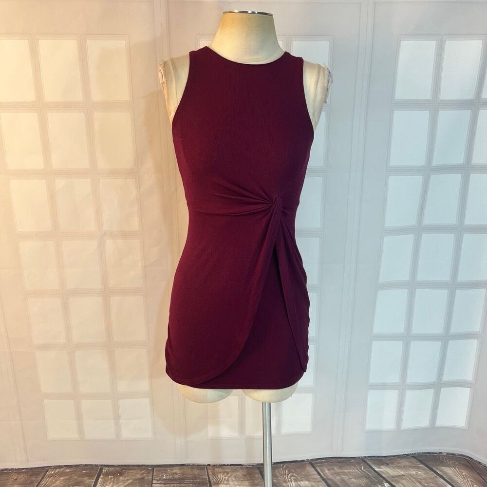 Privacy Please Burgundy Sleeveless Faux Wrap Shimmer Knit Mini Dress Size 2XS